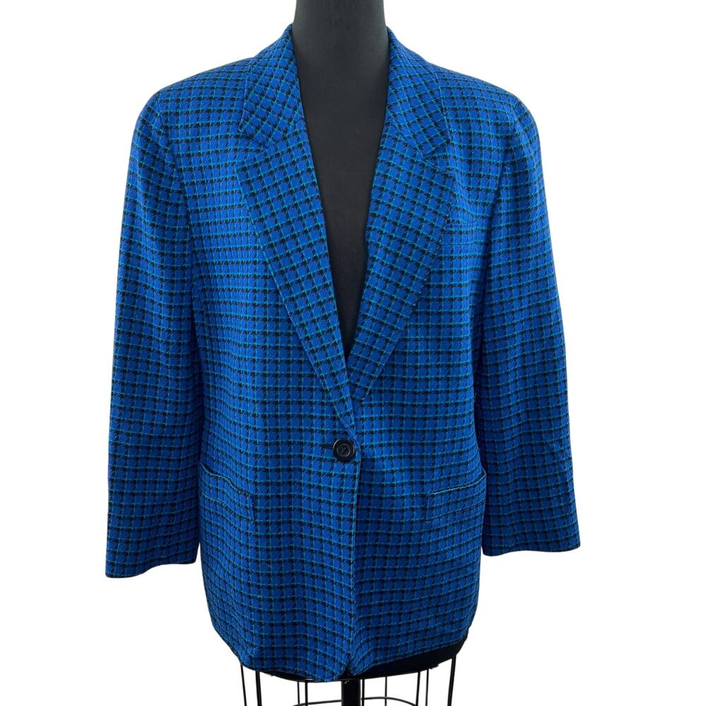 Vintage PENDLETON Virgin Wool Blue Windowpane Plaid One Button Blazer 14W USA